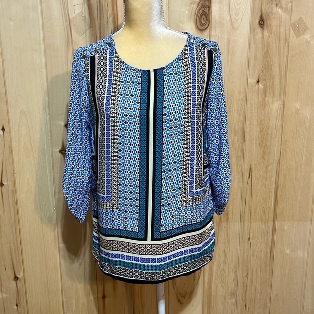 Valerie Stevens Blue Patterned Long Sleeve Blouse Size S